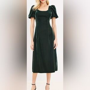 LOFT Dark velvet Green Midi Dress Puff sleeve size 0